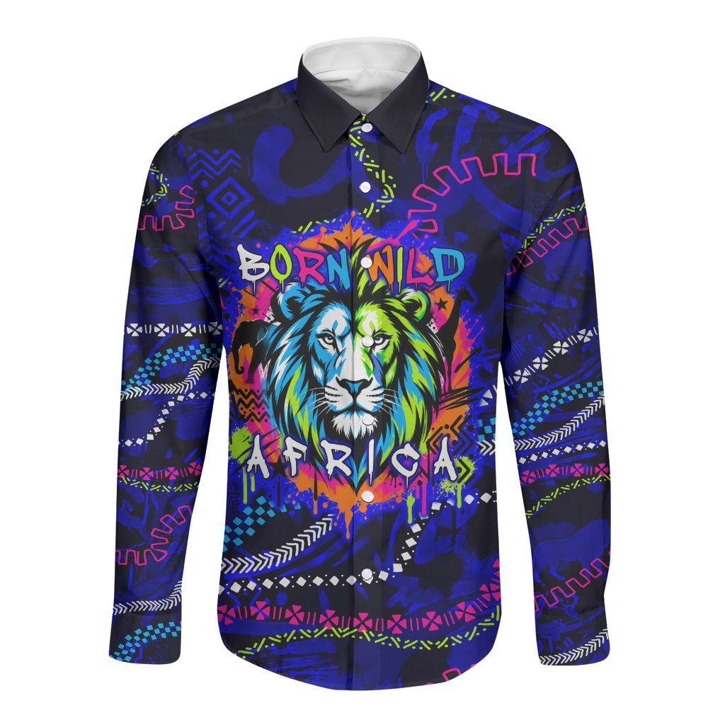 African Wildlife Born Wild Long Sleeve Button Shirt Colorful Graffiti Street Art - Tribal Safari Lion Elephant