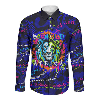 African Wildlife Born Wild Long Sleeve Button Shirt Colorful Graffiti Street Art - Tribal Safari Lion Elephant