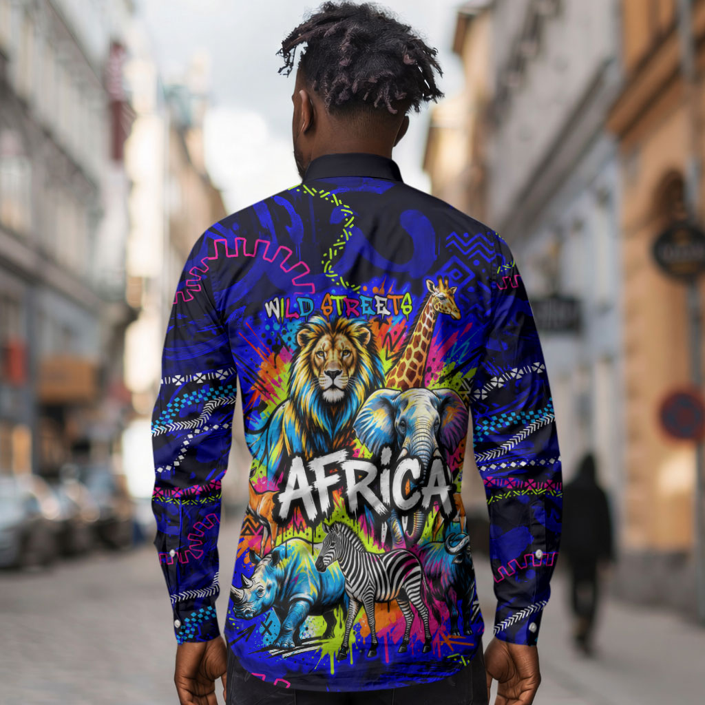 African Wildlife Born Wild Long Sleeve Button Shirt Colorful Graffiti Street Art - Tribal Safari Lion Elephant