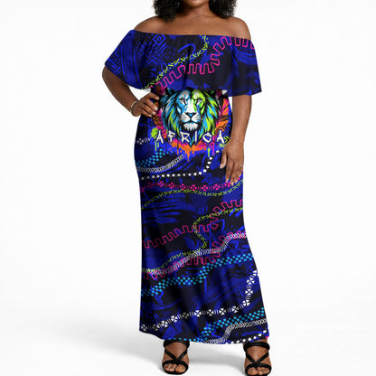 African Wildlife Born Wild Off Shoulder Maxi Dress Colorful Graffiti Street Art - Tribal Safari Lion Elephant