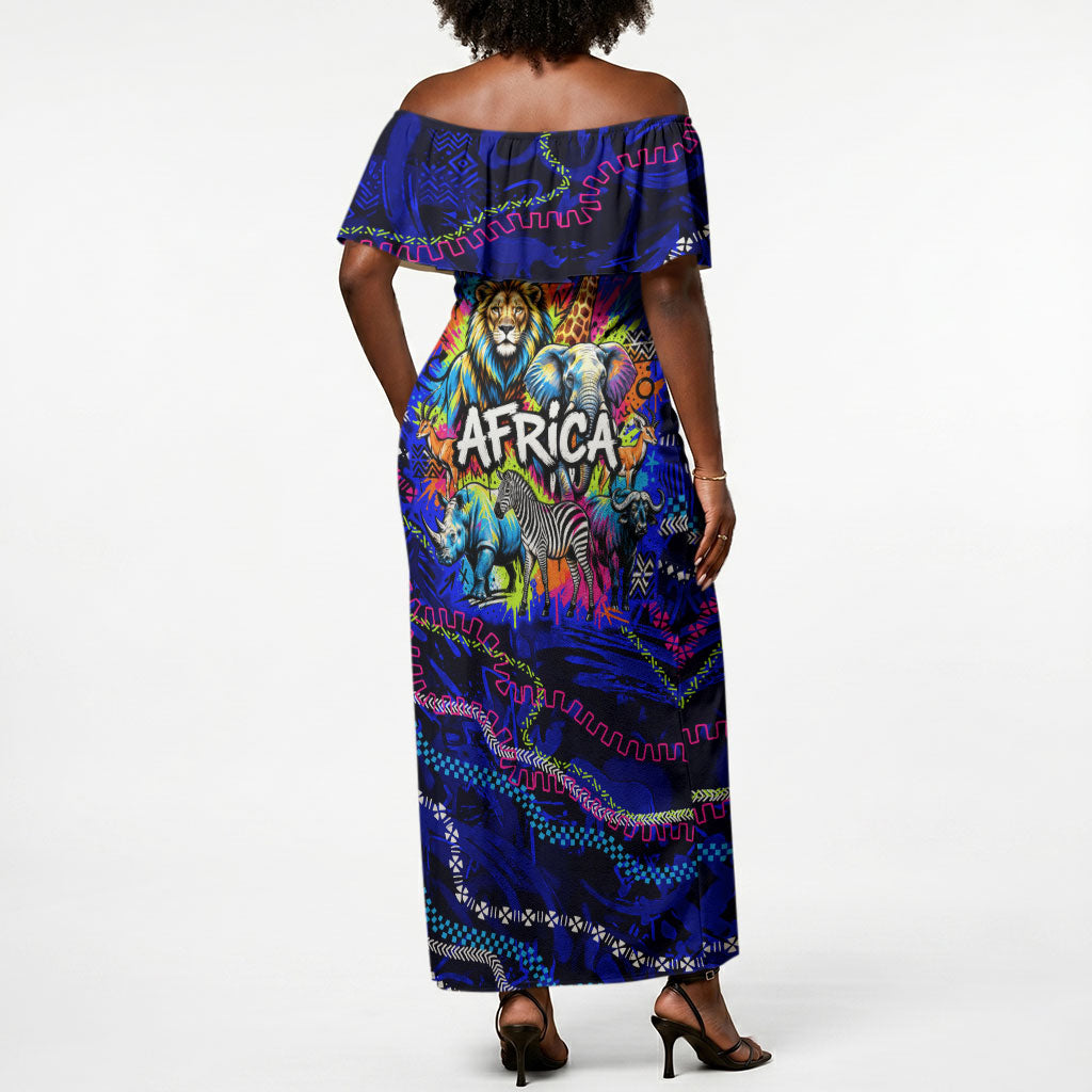 African Wildlife Born Wild Off Shoulder Maxi Dress Colorful Graffiti Street Art - Tribal Safari Lion Elephant
