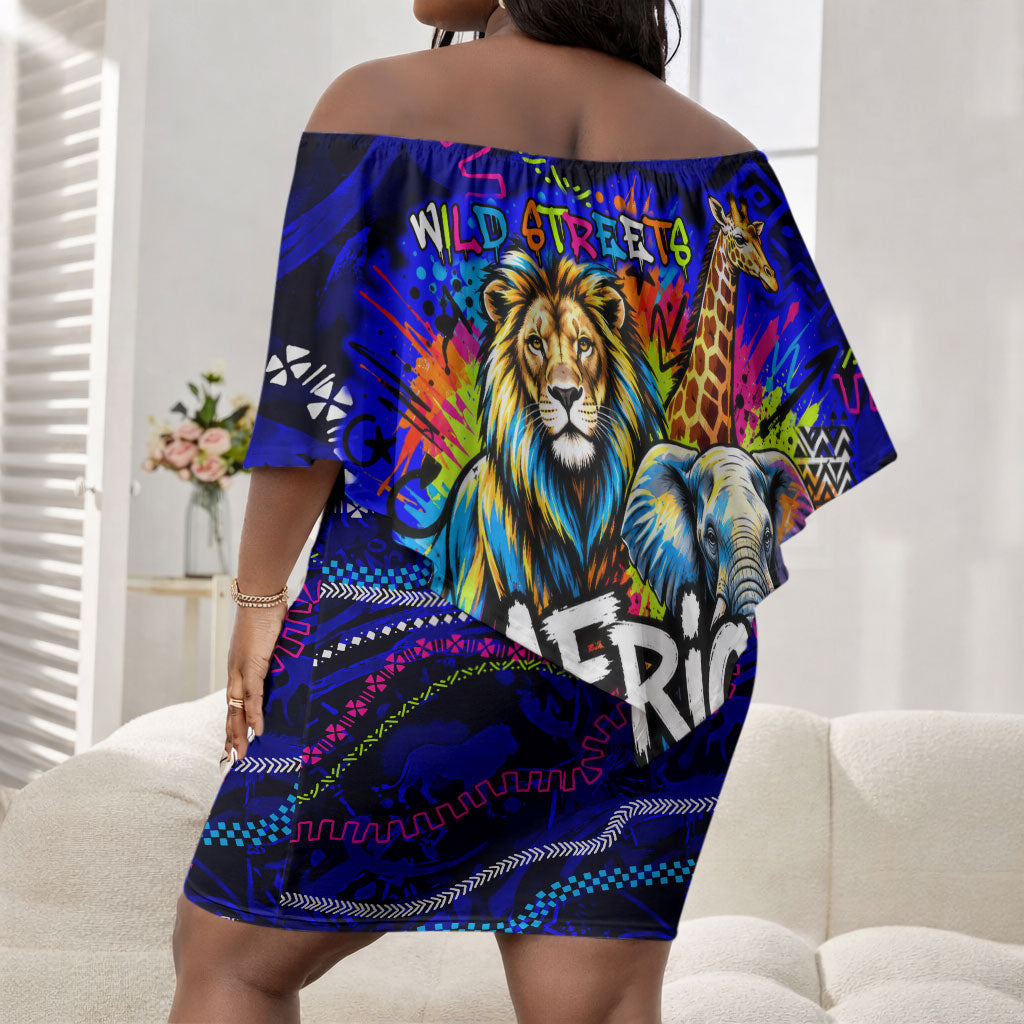 African Wildlife Born Wild Off Shoulder Short Dress Colorful Graffiti Street Art - Tribal Safari Lion Elephant