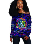 African Wildlife Born Wild Off Shoulder Sweater Colorful Graffiti Street Art - Tribal Safari Lion Elephant