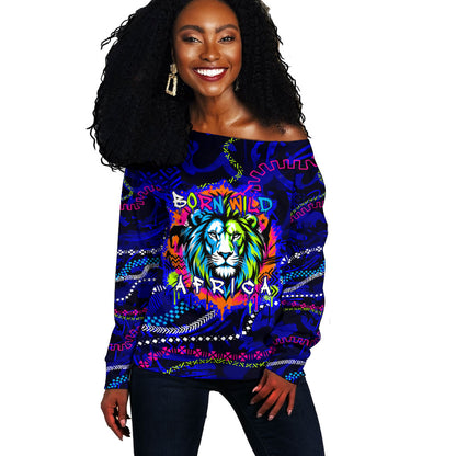 African Wildlife Born Wild Off Shoulder Sweater Colorful Graffiti Street Art - Tribal Safari Lion Elephant