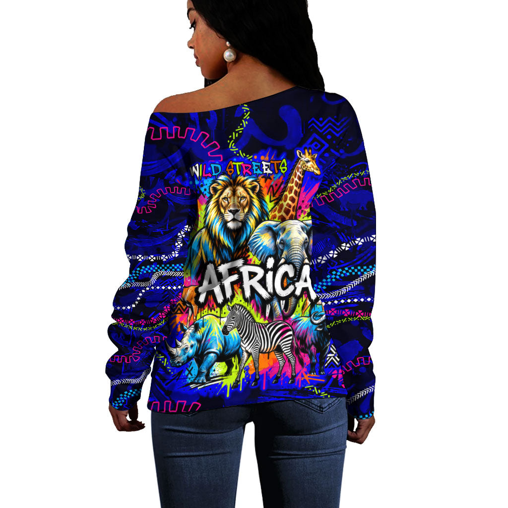 African Wildlife Born Wild Off Shoulder Sweater Colorful Graffiti Street Art - Tribal Safari Lion Elephant