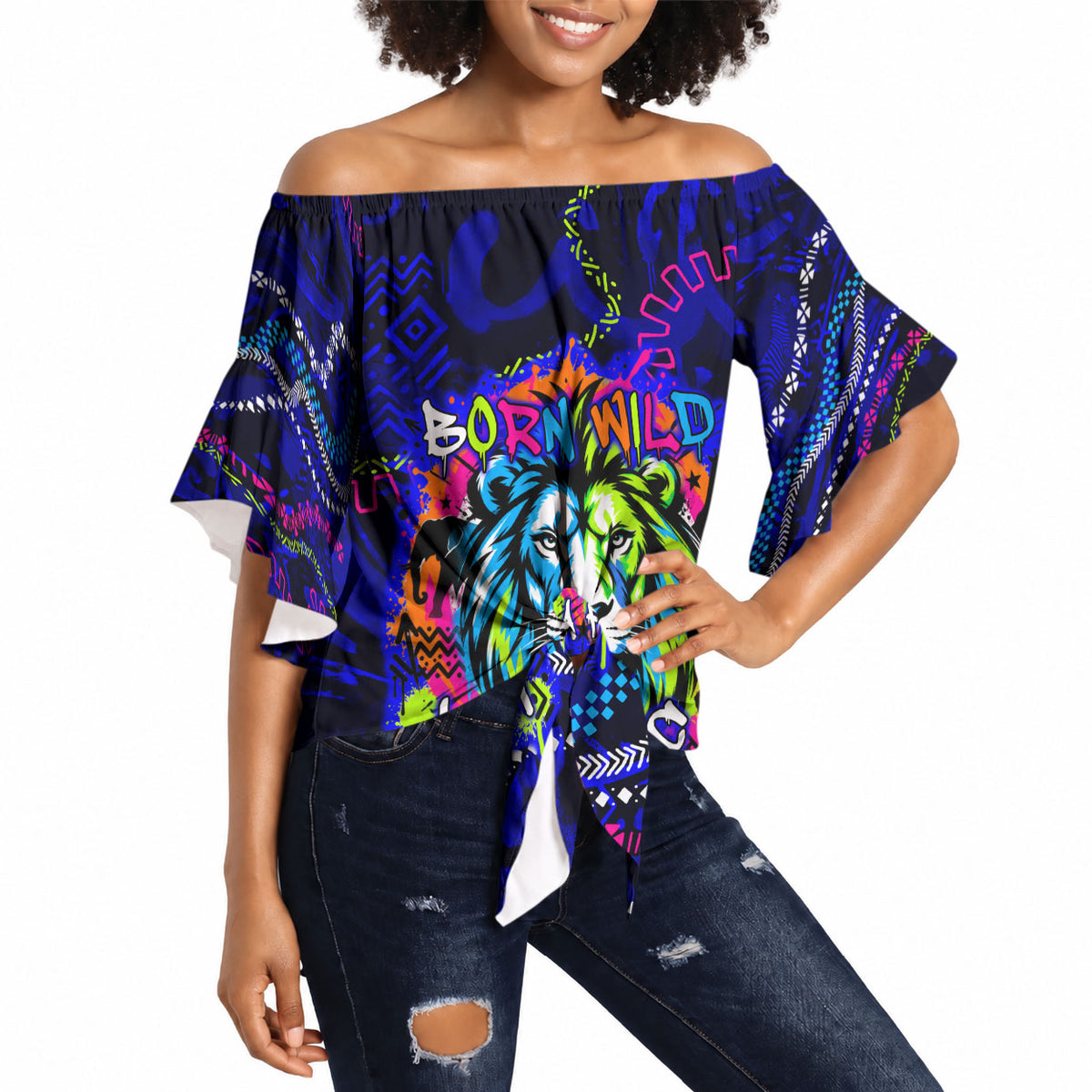 African Wildlife Born Wild Off Shoulder Wrap Waist Top Colorful Graffiti Street Art - Tribal Safari Lion Elephant