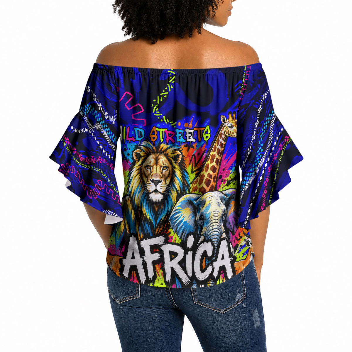 African Wildlife Born Wild Off Shoulder Wrap Waist Top Colorful Graffiti Street Art - Tribal Safari Lion Elephant