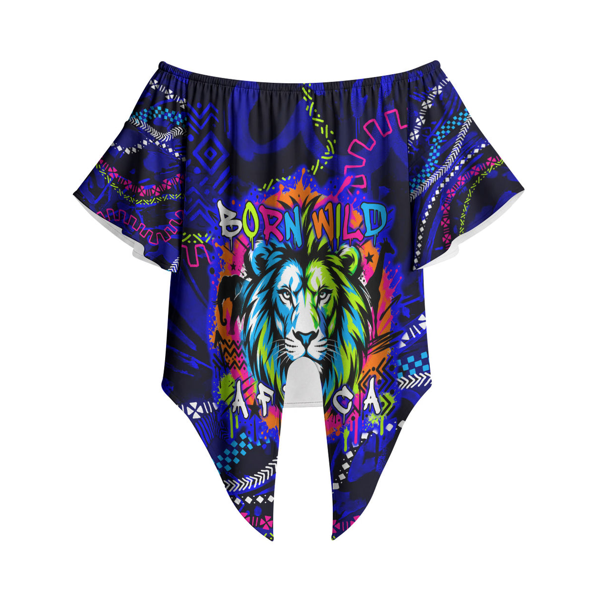 African Wildlife Born Wild Off Shoulder Wrap Waist Top Colorful Graffiti Street Art - Tribal Safari Lion Elephant