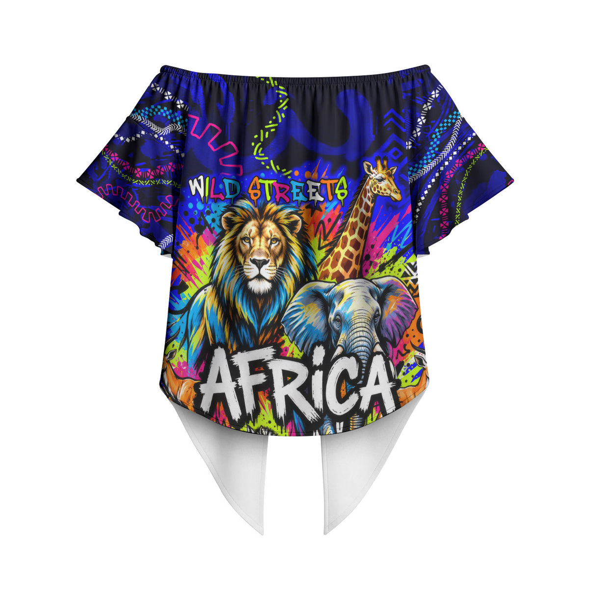 African Wildlife Born Wild Off Shoulder Wrap Waist Top Colorful Graffiti Street Art - Tribal Safari Lion Elephant