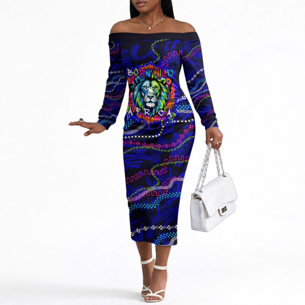 African Wildlife Born Wild Off The Shoulder Long Sleeve Dress Colorful Graffiti Street Art - Tribal Safari Lion Elephant