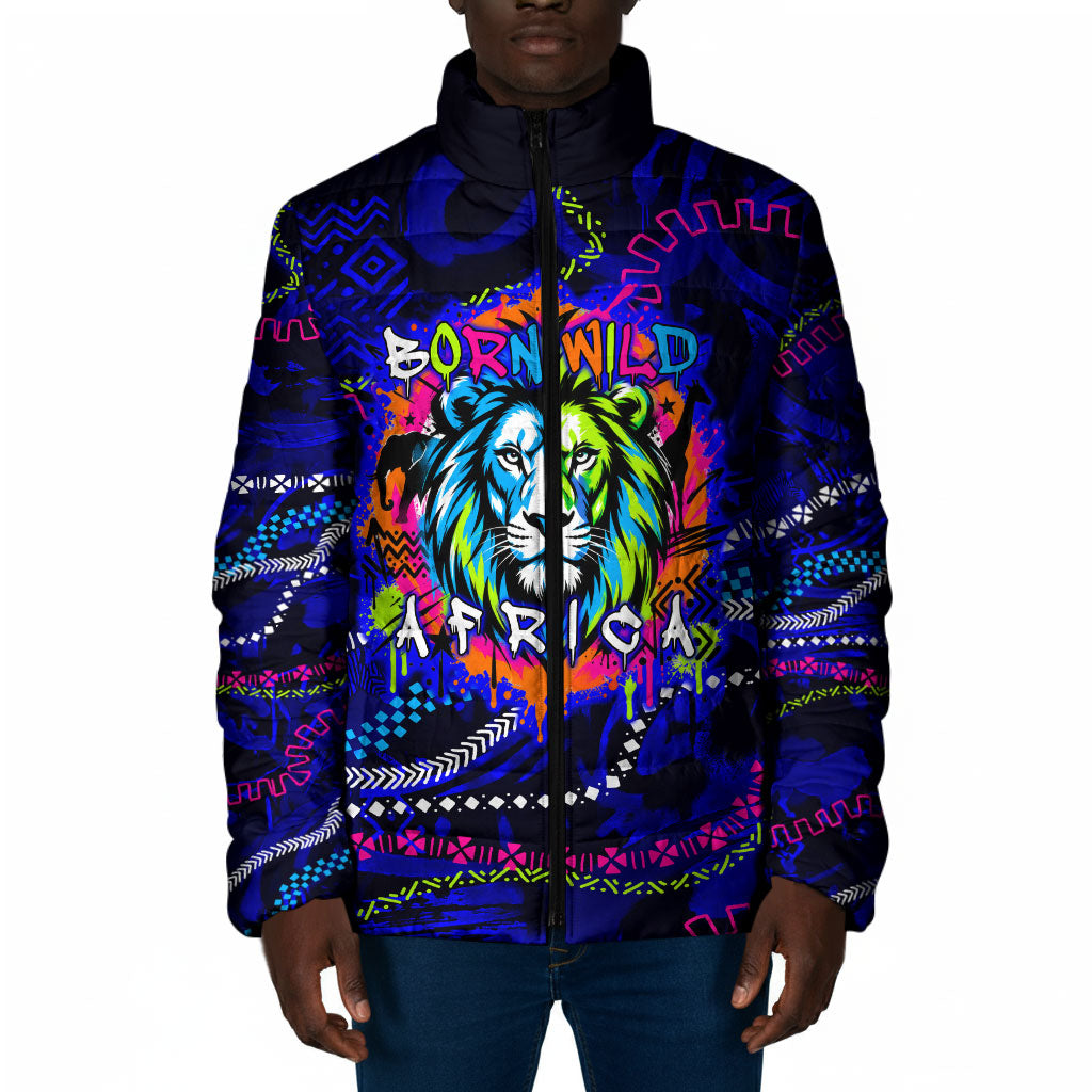 African Wildlife Born Wild Padded Jacket Colorful Graffiti Street Art - Tribal Safari Lion Elephant