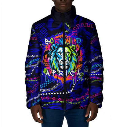 African Wildlife Born Wild Padded Jacket Colorful Graffiti Street Art - Tribal Safari Lion Elephant