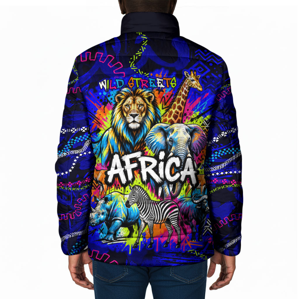 African Wildlife Born Wild Padded Jacket Colorful Graffiti Street Art - Tribal Safari Lion Elephant