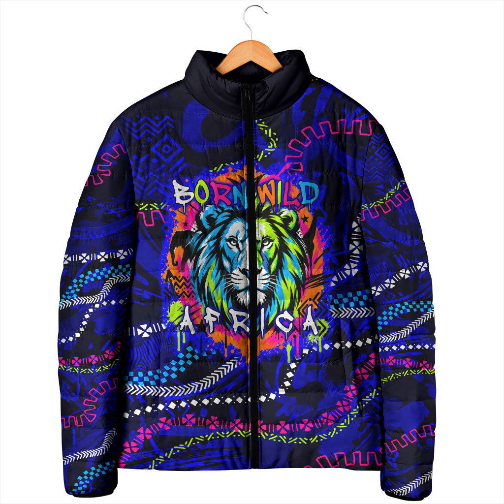 African Wildlife Born Wild Padded Jacket Colorful Graffiti Street Art - Tribal Safari Lion Elephant