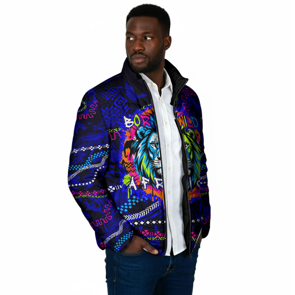 African Wildlife Born Wild Padded Jacket Colorful Graffiti Street Art - Tribal Safari Lion Elephant