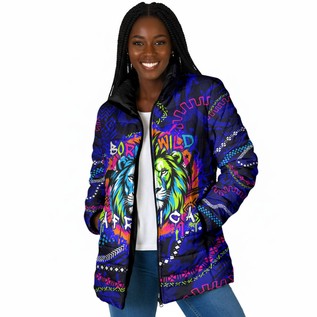 African Wildlife Born Wild Padded Jacket Colorful Graffiti Street Art - Tribal Safari Lion Elephant