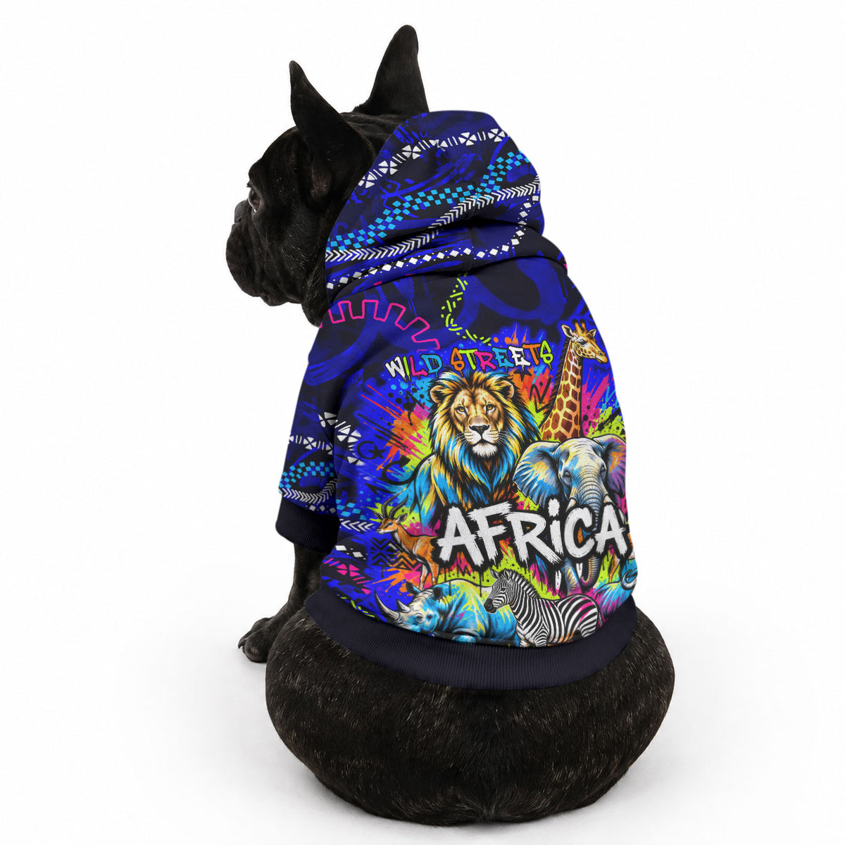 African Wildlife Born Wild Pet Hoodie Colorful Graffiti Street Art - Tribal Safari Lion Elephant