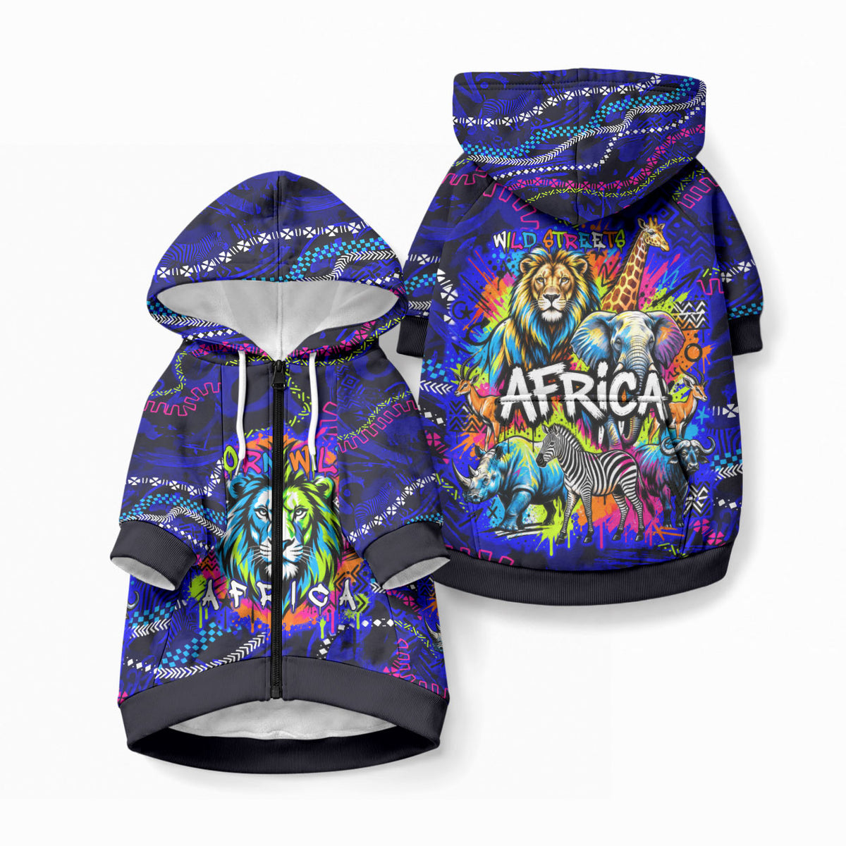 African Wildlife Born Wild Pet Hoodie Colorful Graffiti Street Art - Tribal Safari Lion Elephant