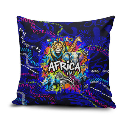 African Wildlife Born Wild Pillow Cover Colorful Graffiti Street Art - Tribal Safari Lion Elephant