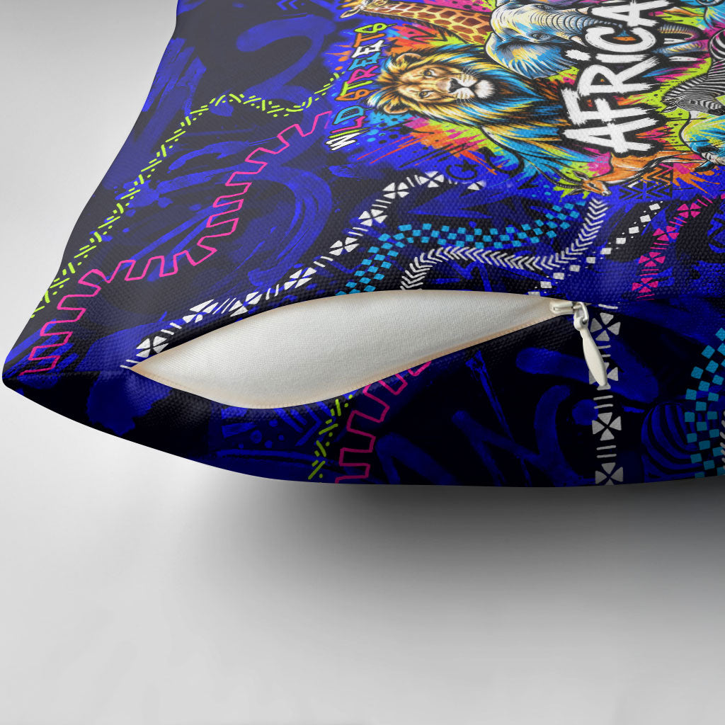 African Wildlife Born Wild Pillow Cover Colorful Graffiti Street Art - Tribal Safari Lion Elephant
