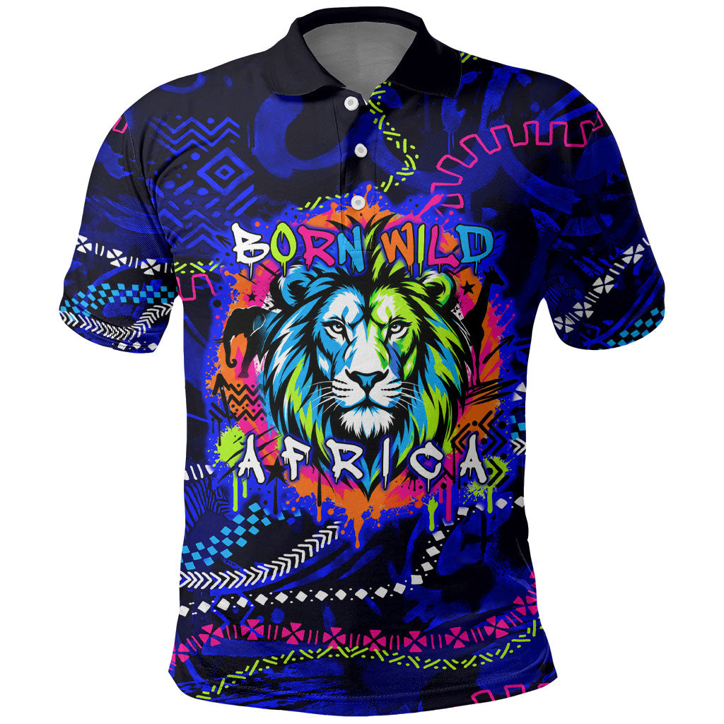 African Wildlife Born Wild Polo Shirt Colorful Graffiti Street Art - Tribal Safari Lion Elephant