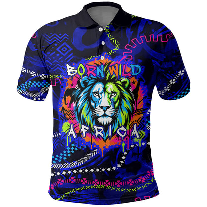 African Wildlife Born Wild Polo Shirt Colorful Graffiti Street Art - Tribal Safari Lion Elephant