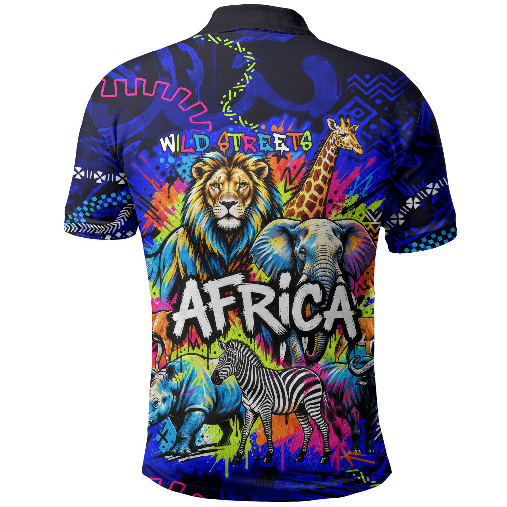 African Wildlife Born Wild Polo Shirt Colorful Graffiti Street Art - Tribal Safari Lion Elephant