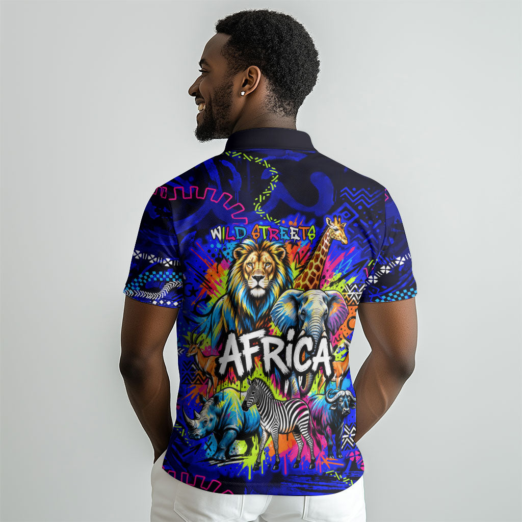 African Wildlife Born Wild Polo Shirt Colorful Graffiti Street Art - Tribal Safari Lion Elephant