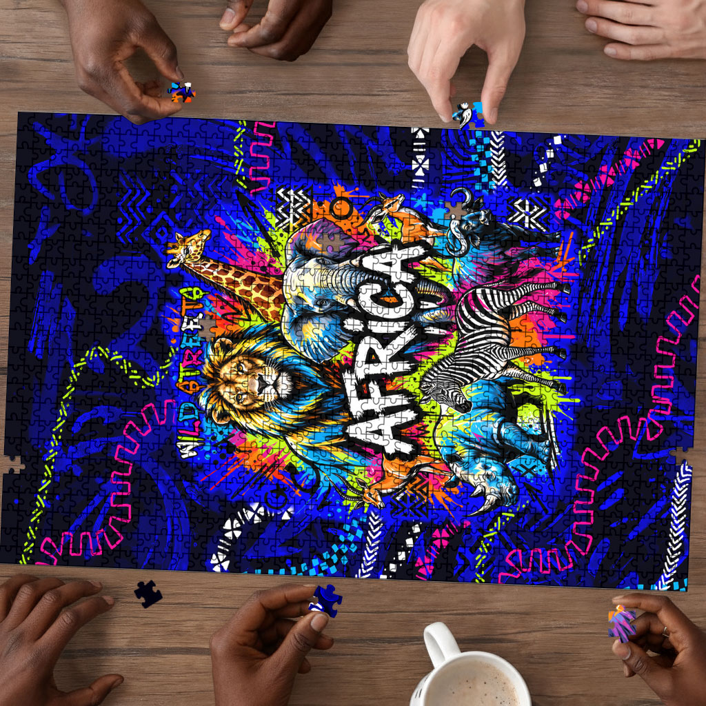 African Wildlife Born Wild Puzzle Colorful Graffiti Street Art - Tribal Safari Lion Elephant
