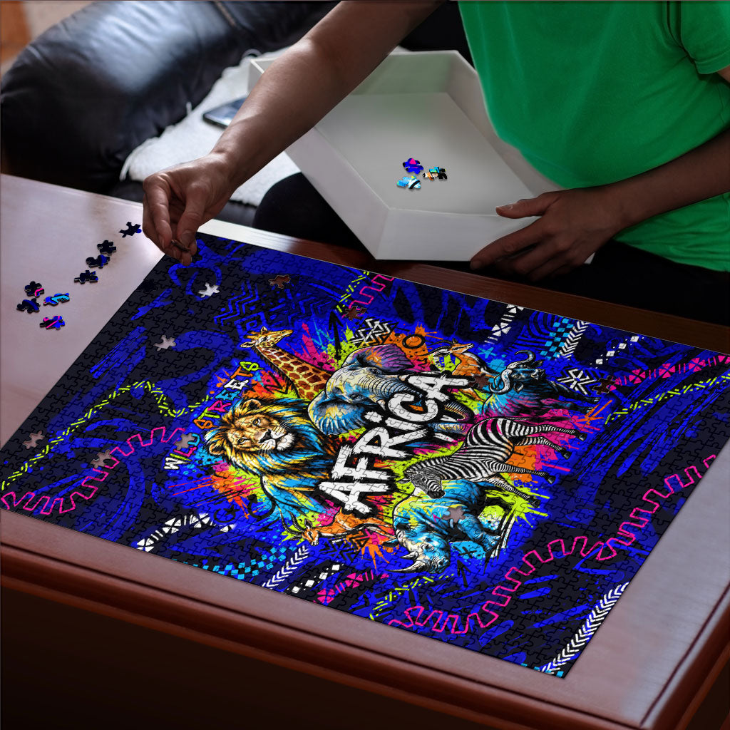African Wildlife Born Wild Puzzle Colorful Graffiti Street Art - Tribal Safari Lion Elephant