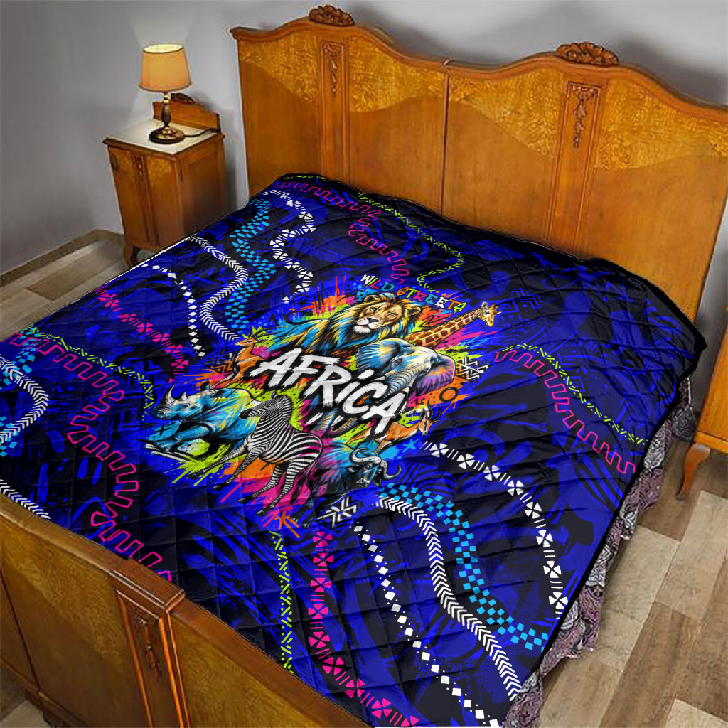 African Wildlife Born Wild Quilt Colorful Graffiti Street Art - Tribal Safari Lion Elephant