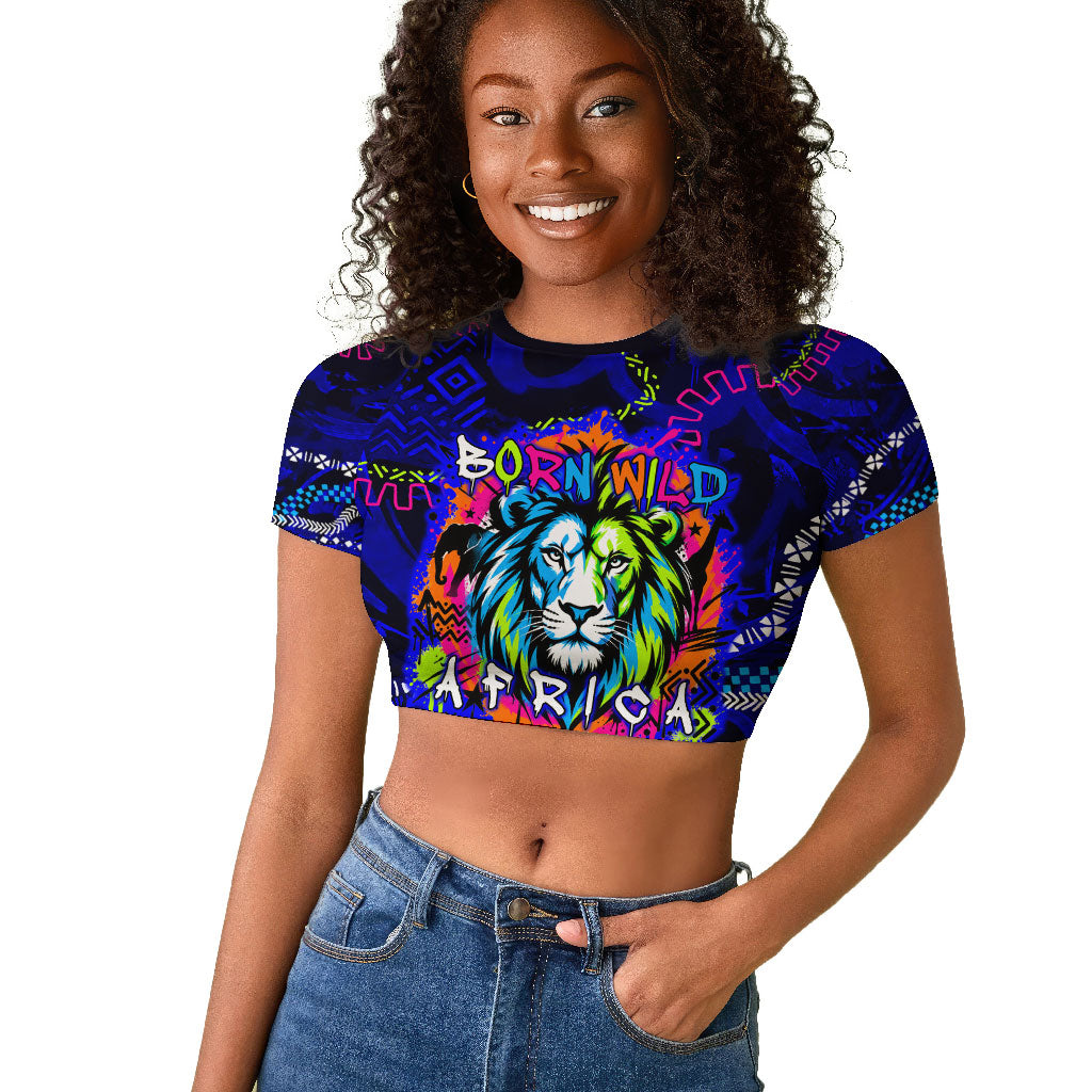 African Wildlife Born Wild Raglan Cropped T shirt Colorful Graffiti Street Art - Tribal Safari Lion Elephant