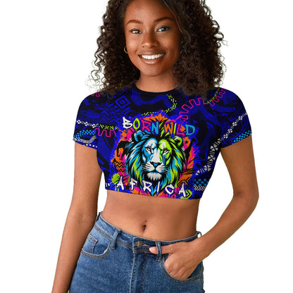 African Wildlife Born Wild Raglan Cropped T shirt Colorful Graffiti Street Art - Tribal Safari Lion Elephant