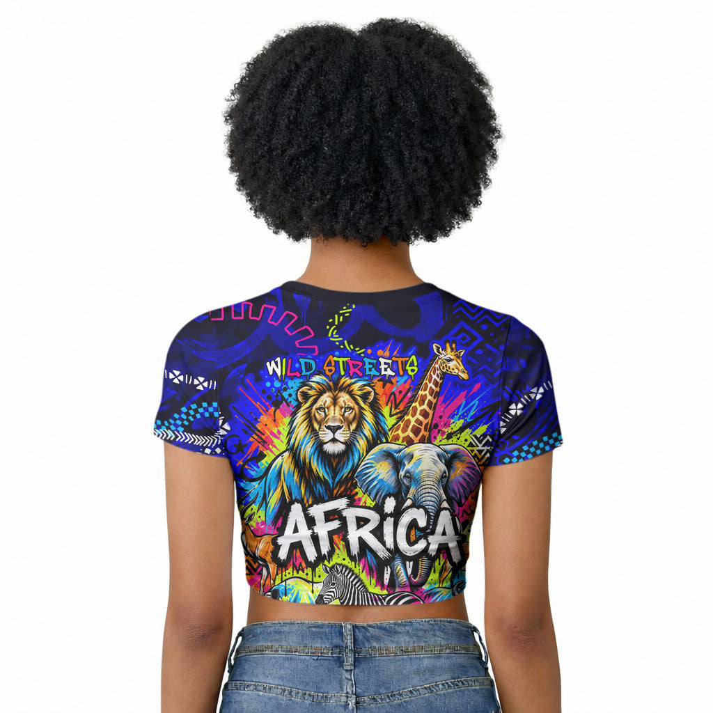 African Wildlife Born Wild Raglan Cropped T shirt Colorful Graffiti Street Art - Tribal Safari Lion Elephant