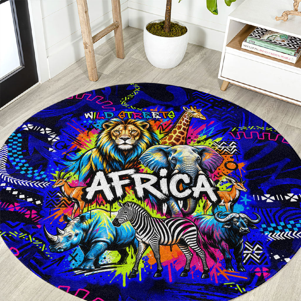 African Wildlife Born Wild Round Carpet Colorful Graffiti Street Art - Tribal Safari Lion Elephant