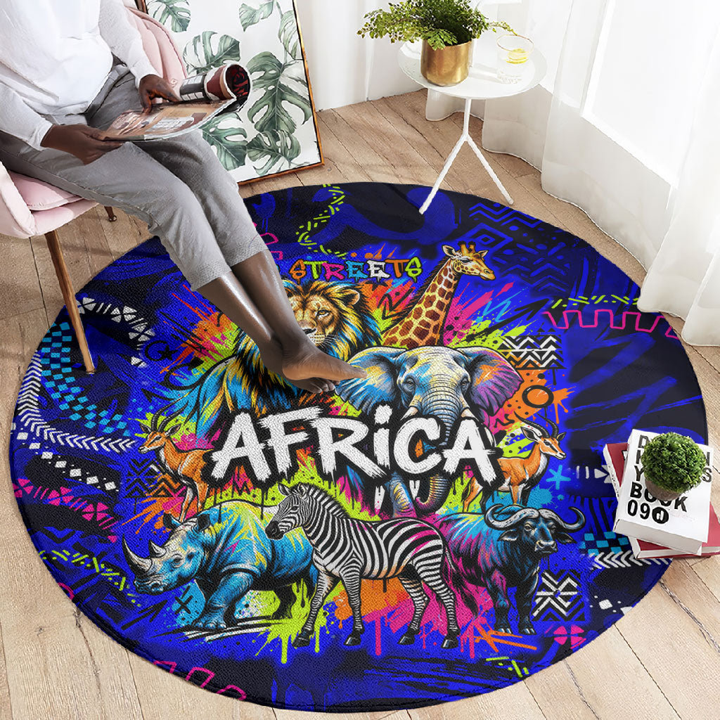 African Wildlife Born Wild Round Carpet Colorful Graffiti Street Art - Tribal Safari Lion Elephant