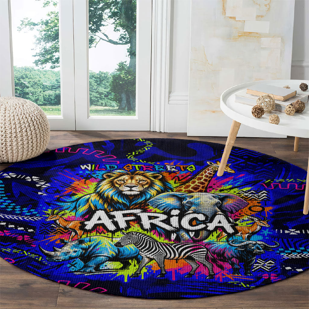 African Wildlife Born Wild Round Carpet Colorful Graffiti Street Art - Tribal Safari Lion Elephant