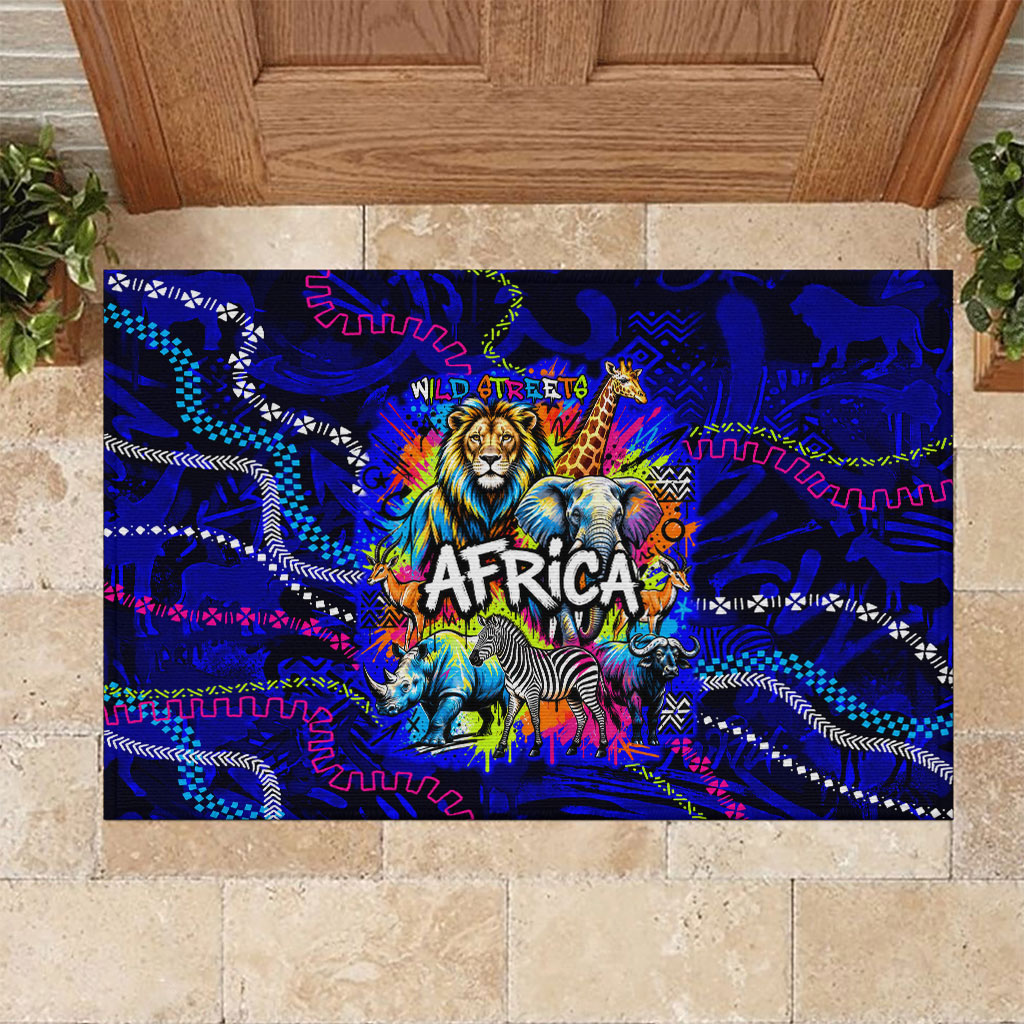 African Wildlife Born Wild Rubber Doormat Colorful Graffiti Street Art - Tribal Safari Lion Elephant