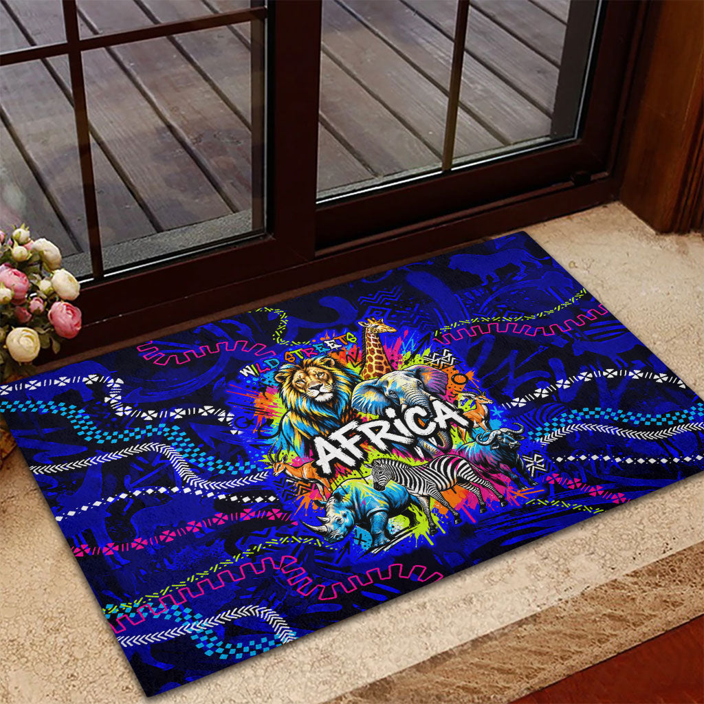 African Wildlife Born Wild Rubber Doormat Colorful Graffiti Street Art - Tribal Safari Lion Elephant