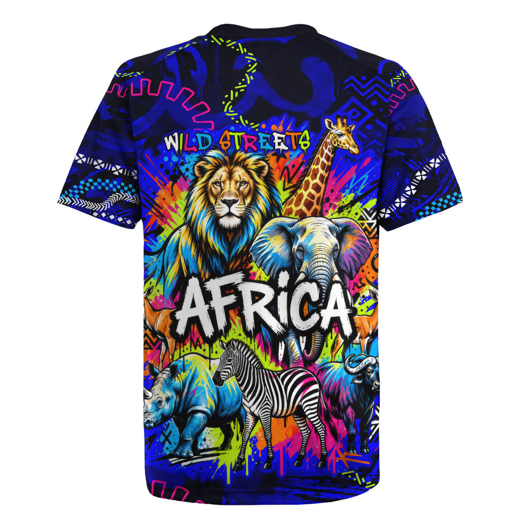 African Wildlife Born Wild Rugby Jersey Colorful Graffiti Street Art - Tribal Safari Lion Elephant
