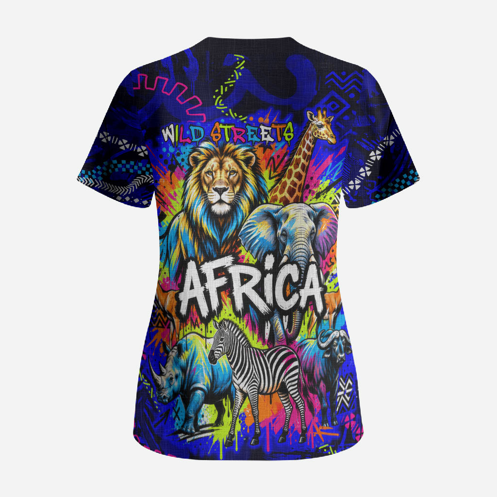 African Wildlife Born Wild Scrub Top Colorful Graffiti Street Art ...