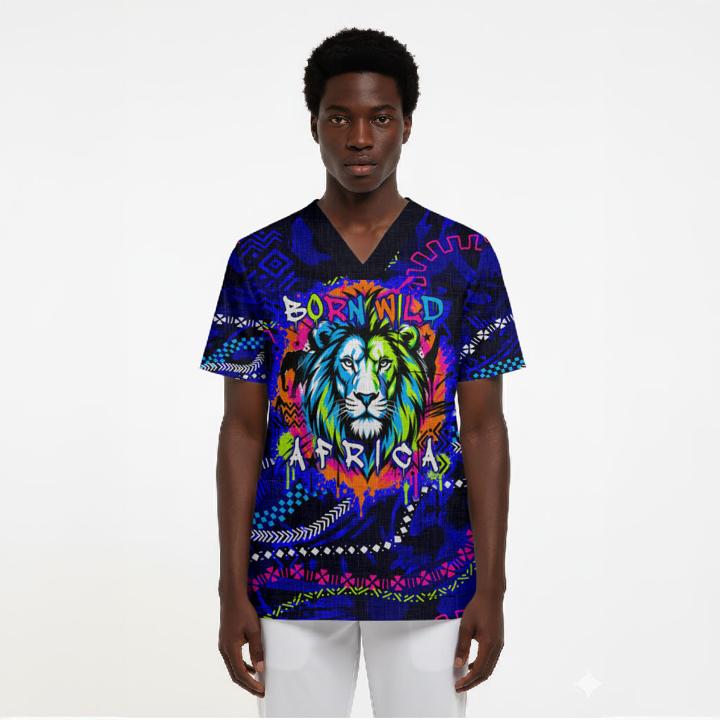 African Wildlife Born Wild Scrub Top Colorful Graffiti Street Art - Tribal Safari Lion Elephant