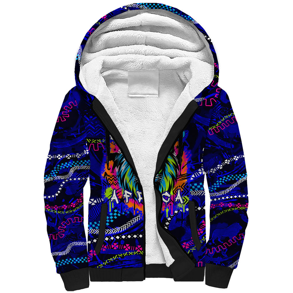 African Wildlife Born Wild Sherpa Hoodie Colorful Graffiti Street Art - Tribal Safari Lion Elephant