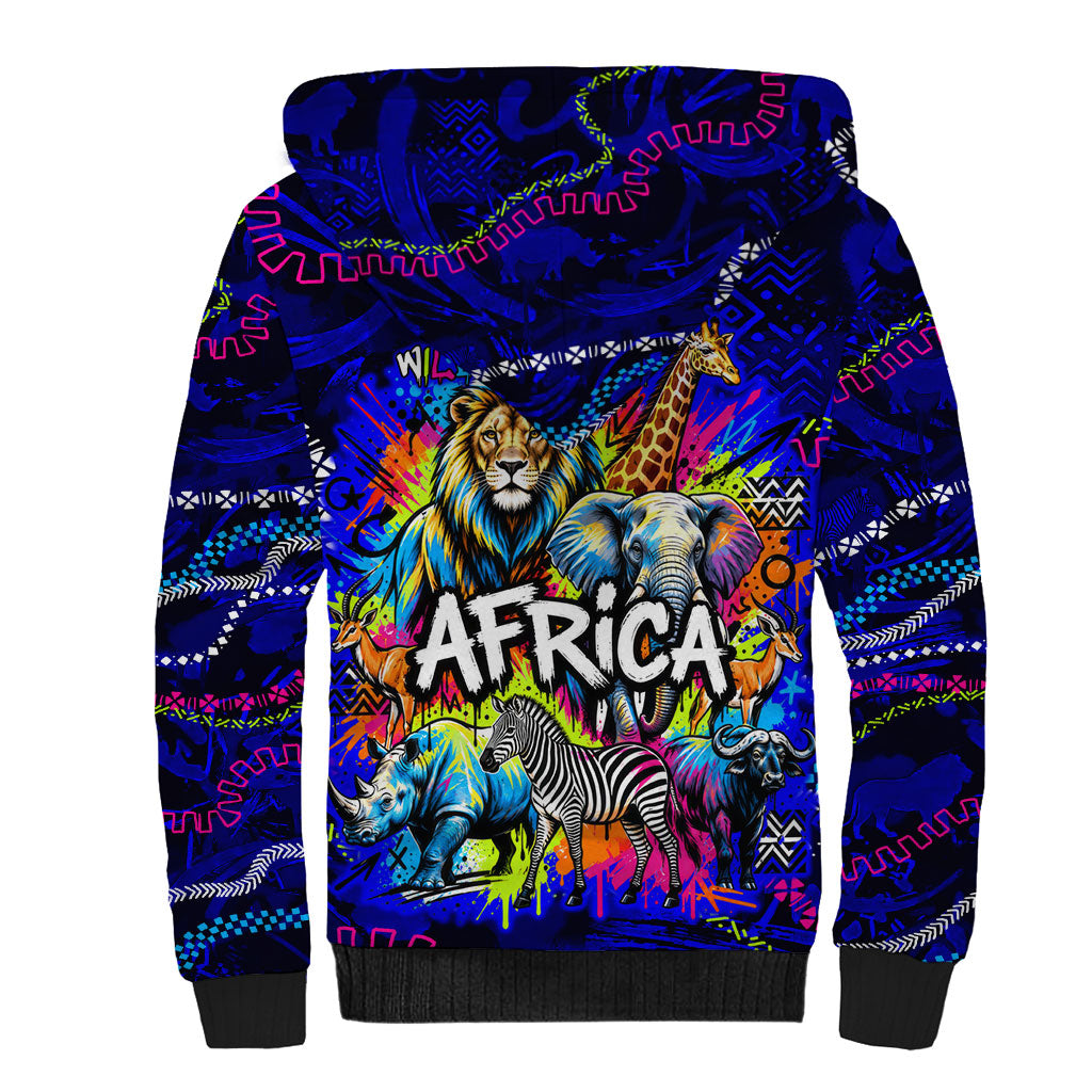 African Wildlife Born Wild Sherpa Hoodie Colorful Graffiti Street Art - Tribal Safari Lion Elephant