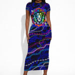 African Wildlife Born Wild Short Sleeve Bodycon Dress Colorful Graffiti Street Art - Tribal Safari Lion Elephant