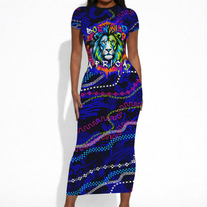 African Wildlife Born Wild Short Sleeve Bodycon Dress Colorful Graffiti Street Art - Tribal Safari Lion Elephant