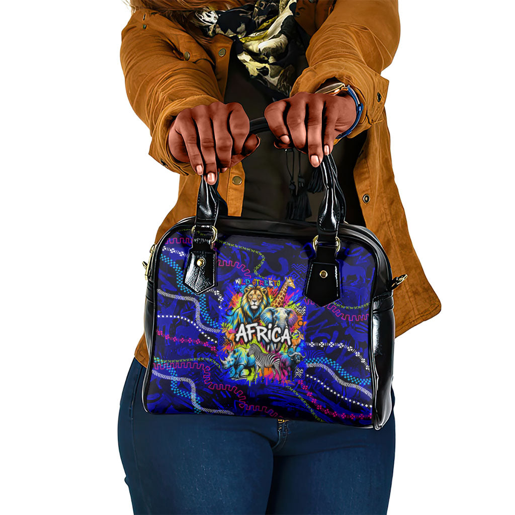 African Wildlife Born Wild Shoulder Handbag Colorful Graffiti Street Art - Tribal Safari Lion Elephant
