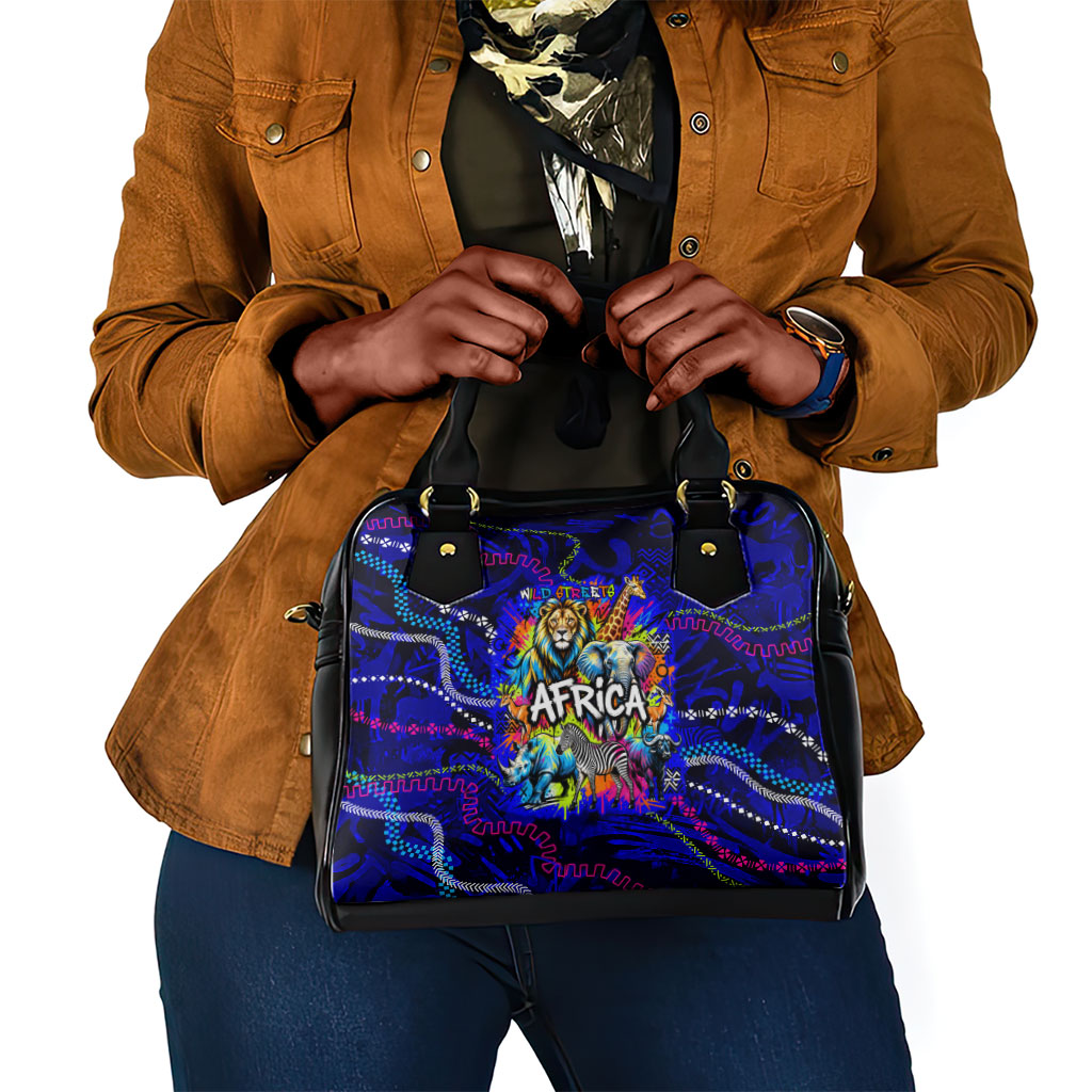 African Wildlife Born Wild Shoulder Handbag Colorful Graffiti Street Art - Tribal Safari Lion Elephant