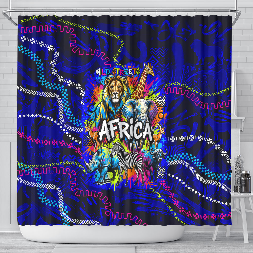 African Wildlife Born Wild Shower Curtain Colorful Graffiti Street Art - Tribal Safari Lion Elephant