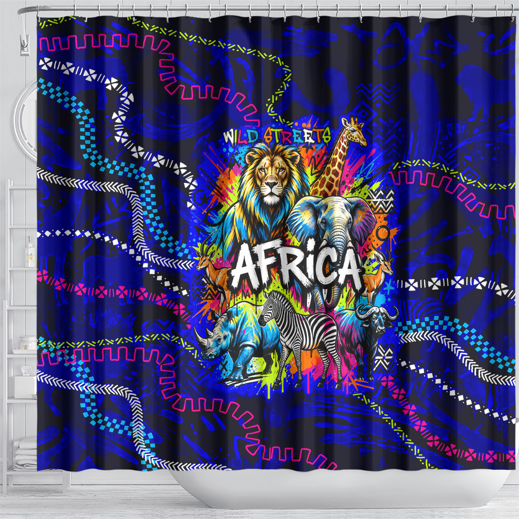 African Wildlife Born Wild Shower Curtain Colorful Graffiti Street Art - Tribal Safari Lion Elephant